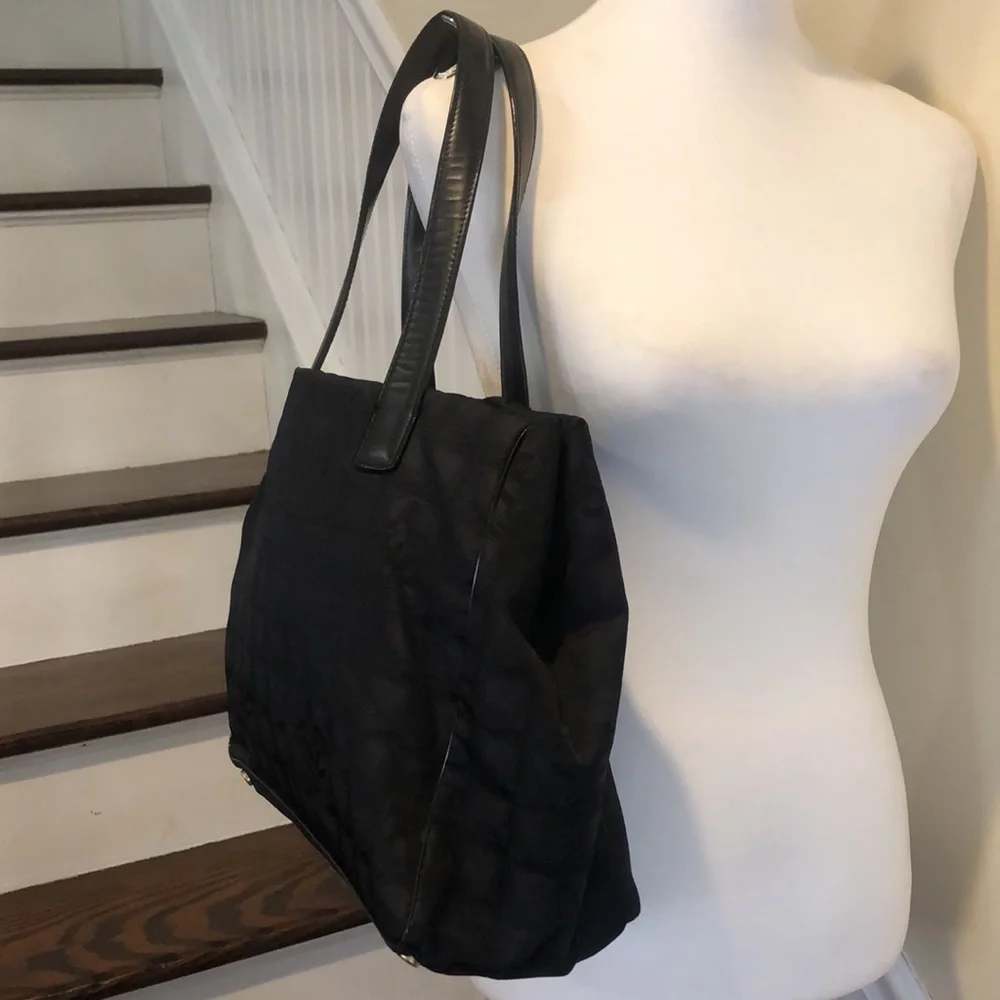 CHANEL Black Leather and Black Canvas Traveline Shoulder Bag AUTHENTIC